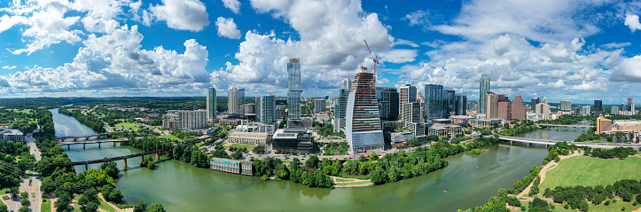 Drone angle view of Austin, Texas on a sunny day.