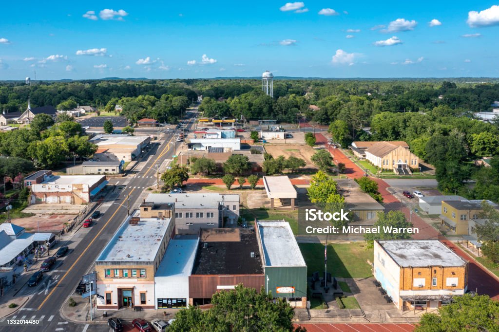 Small Town USA - Aerial Downtown Aerial view of Gladewater, Texas and surrounding landscape. Texas Stock Photo