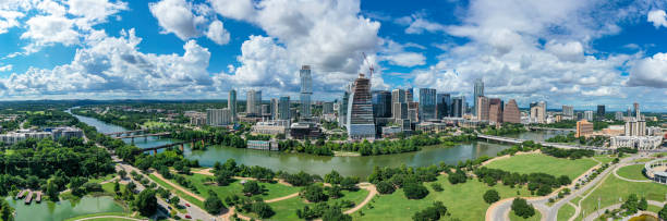 austin, texas luftpanorama - austin texas skyline texas cityscape stock-fotos und bilder