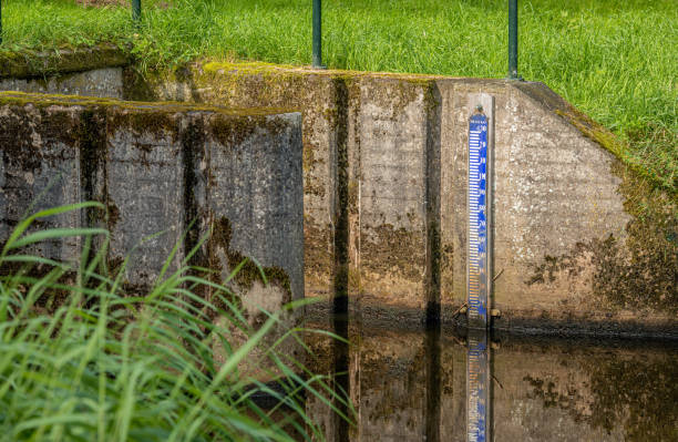 Water depth marker covered by moss on a river. Long exposure.