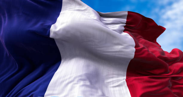 detail of the national flag of france flying in the wind - french flag imagens e fotografias de stock