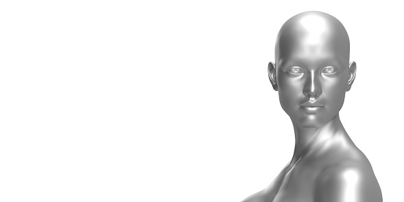 3D cyber female model. Computer drawn avatar in silver chrome metallic. Shiny, a blaze of light off highly polished surreal cyborg female. Robotic woman posing on white background with large copy space.