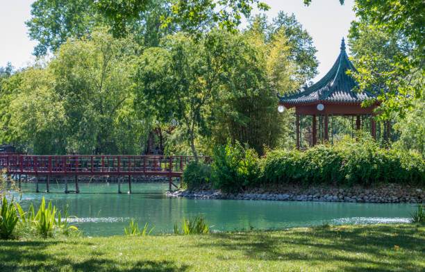 istock Japenese gazebo in a garden 1332018865