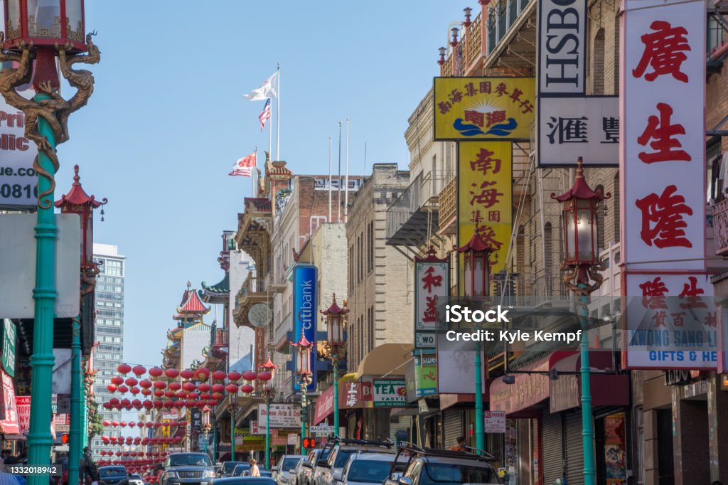 Chinatown in San Francisco Looking down the street in Chinatown Chinatown Stock Photo