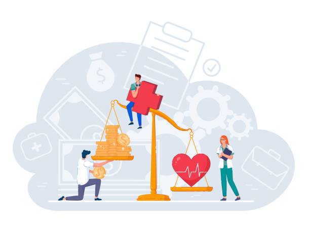 Money and health care balance on business scale Money and health care insurance balance on business scale. People compare finance cost and healthy life value, making choice decision between wealth and healthcare weight vector illustration prep medicine stock illustrations