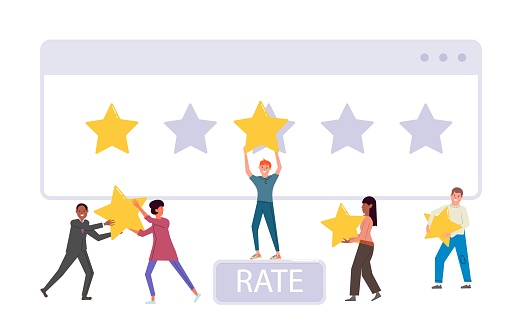 Diverse multiethnic people voting giving feedback rating star. Client, customer or user character choosing satisfaction ranking for estimation leaving personal critic review vector illustration