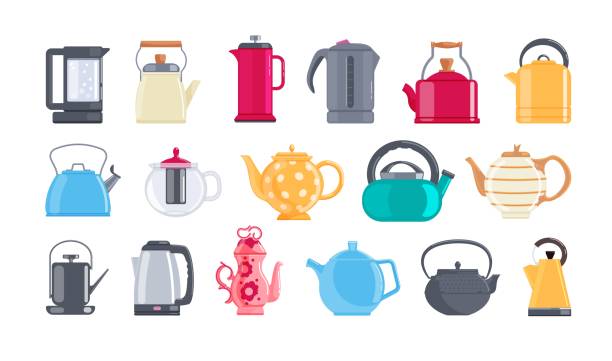 Cartoon teapot water kettle kitchenware for brewing tea set. Modern electric teakettle, vintage and classic porcelain teapot different shape and form vector illustration isolated on white background