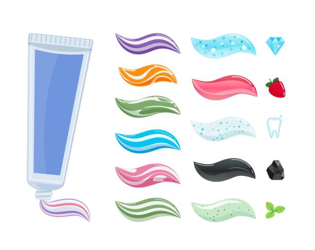tube mit zahnpasta verschiedene farbe und geschmack set - toothpaste stock-grafiken, -clipart, -cartoons und -symbole