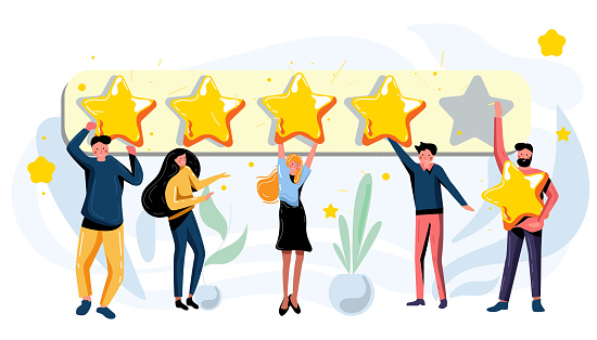 Customer leave review, give feedback, create quality rating. Consumer or user experience feedback, voting and business product satisfaction level or service evaluation vector illustration