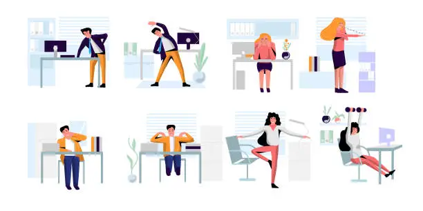 Vector illustration of Office people practicing workout doing warm up yoga exercise