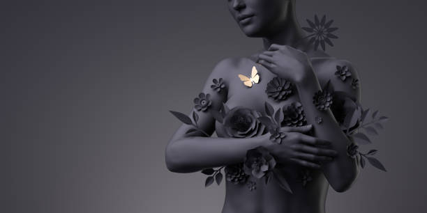 3dレンダリング、花の女性のバスト、紙の花と金色の蝶で飾られた黒マネキン、黒の背景に隔離された女性のシルエット。乳がんのサポート。現代の植物彫刻 - golden daisy ストックフォトと画像