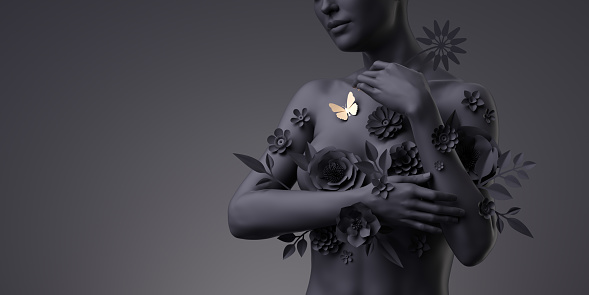 3d render, floral female bust, black mannequin decorated with paper flowers and golden butterfly, woman silhouette isolated on black background. Breast cancer support. Modern botanical sculpture