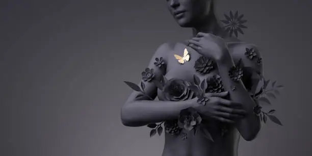 Photo of 3d render, floral female bust, black mannequin decorated with paper flowers and golden butterfly, woman silhouette isolated on black background. Breast cancer support. Modern botanical sculpture
