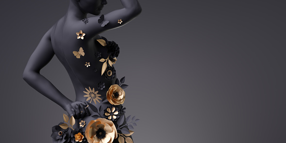 3d render, slim woman body back view, mannequin decorated with golden paper flowers, female silhouette isolated on black background. Fashion floral dress. Modern botanical sculpture
