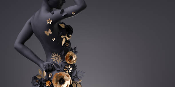 3d render, slim woman body back view, mannequin decorated with golden paper flowers, female silhouette isolated on black background. fashion floral dress. modern botanical sculpture - beauty in nature beauty black flower head imagens e fotografias de stock