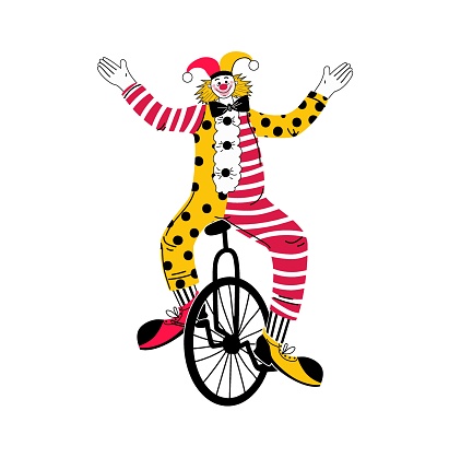 A cute clown on a bike, in yellow, red, black and white, he is drawn in a doodle style. Circus. Stock vector illustration isolated on a white background.