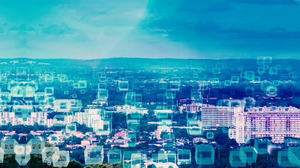 istock Double exposure of abstract technology hologram over moder town.. 1332023967