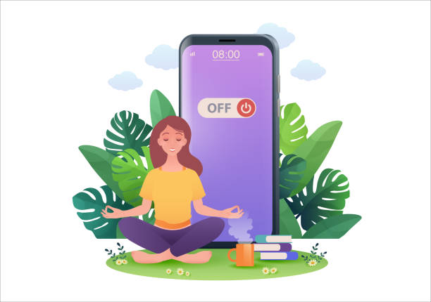woman meditate in lotus pose retreating from social media and internet by turning off smartphone - açma kapama stock illustrations