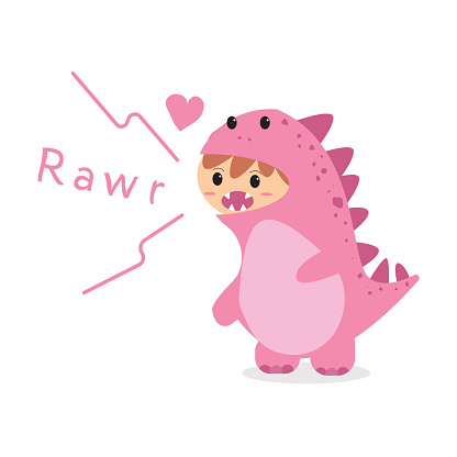pink dino suit with children wearing it inside with dinosaur rawr