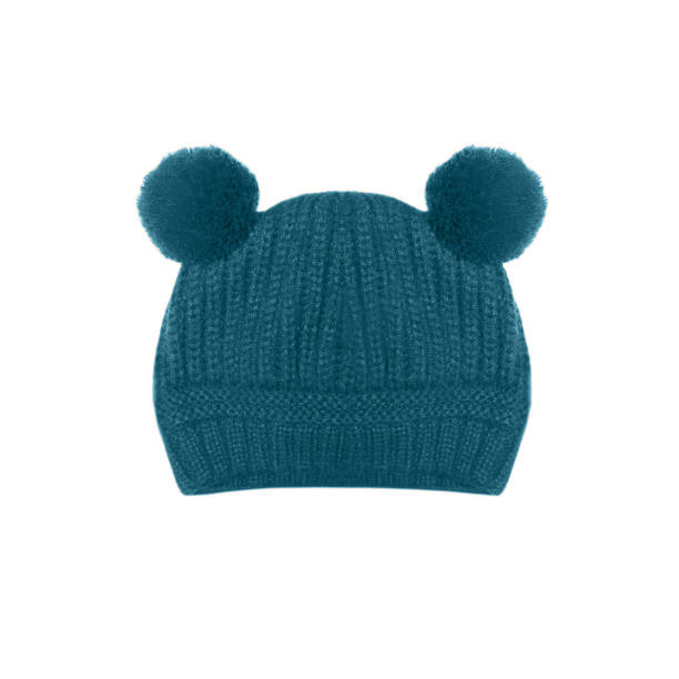 Close up turquoise knitted baby hat with funny ears bear isolated on white background stock photo