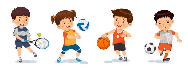 Kid cartoon character_19 Vector illustration of cute little children playing different sports, tennis, volleyball, basketball, football. Isolated on a white background young volleyball girl stock illustrations