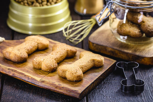 homemade dog biscuit after being baked, healthy pet food stock photo