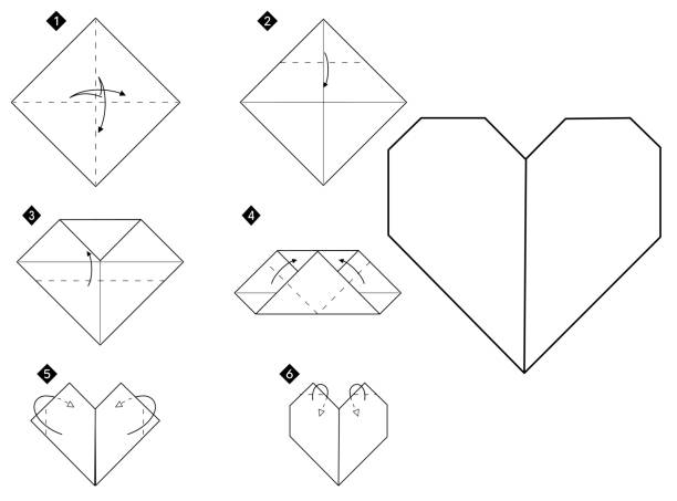 How to make origami heart step by step instruction How to make origami heart. Step by step black and white DIY instructions. Outline monochrome vector illustration. origami instructions stock illustrations