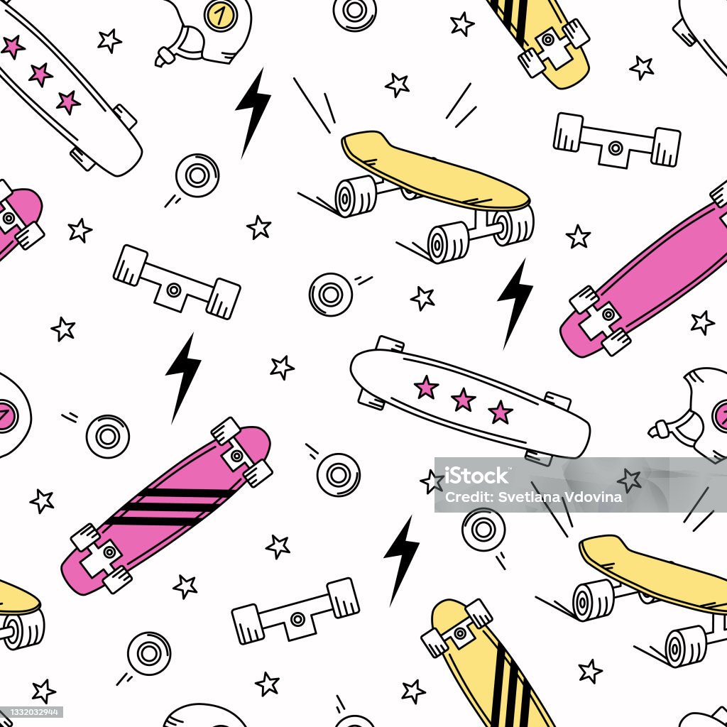 Skateboards Lightning Bolts And Stars On A White Background Seamless  Pattern Vector Illustration For Fashionable Fabrics Textile Graphics Prints  Wallpapers And Other Applications Stock Illustration - Download Image Now -  iStock