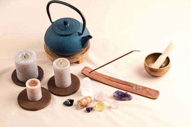 istock Healing chakra crystals therapy. Alternative rituals, gemstones for wellbeing, meditation, destress 1332033361