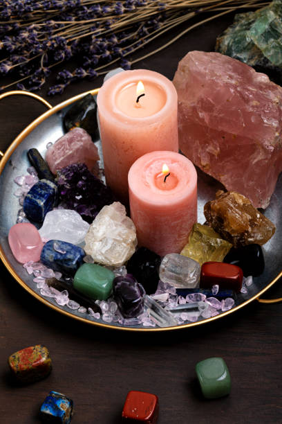 istock Healing chakra crystals therapy. Alternative rituals, gemstones for wellbeing, meditation, destress 1332033373