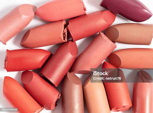 Various Cut Lipsticks On White Background Makeup Product Samples Stock Photo - Download Image Now
