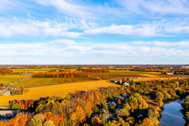 istock Aerial Railway Bridge and Conestogo River at dusk, St. Jacobs, Canada 1332033868