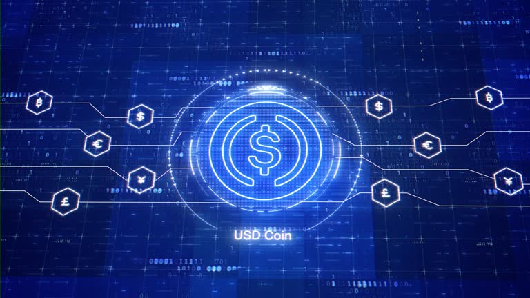 USD digital stablecoin animated logo. Animation of USDC cryptocurrency. Crypto in digital world