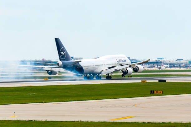 Lufthansa 747-8 landing at O'Hare stock photo