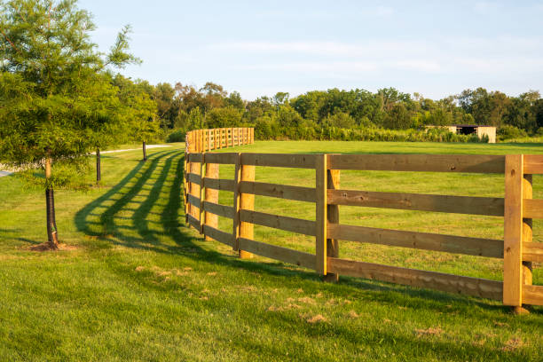 Wooden fence and field with shallow depth of field