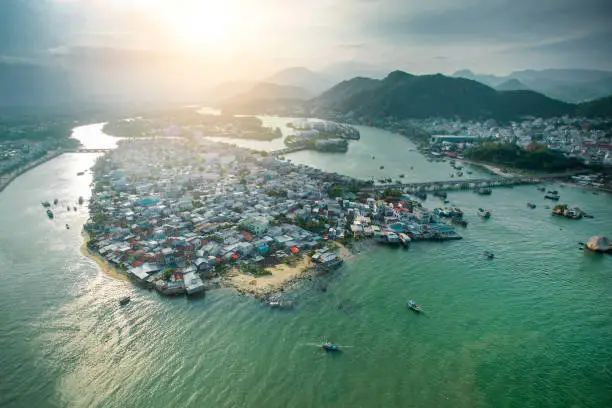 A part of Nha Trang beach city staying in the middle of Vietnam. Beautiful long round coast with many islands around.