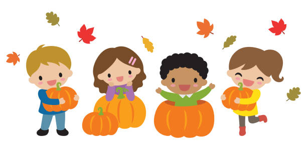 illustrazioni stock, clip art, cartoni animati e icone di tendenza di bambini carini con illustrazione vettoriale zucche autunnali - pumpkin child little girls pumpkin patch
