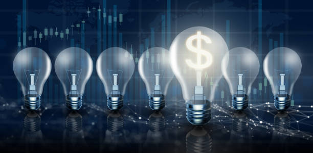 idea de hacer dinero y crecimiento del tipo de cambio del dólar concepto. renderizado 3d. - light bulb electricity lighting equipment blue fotografías e imágenes de stock