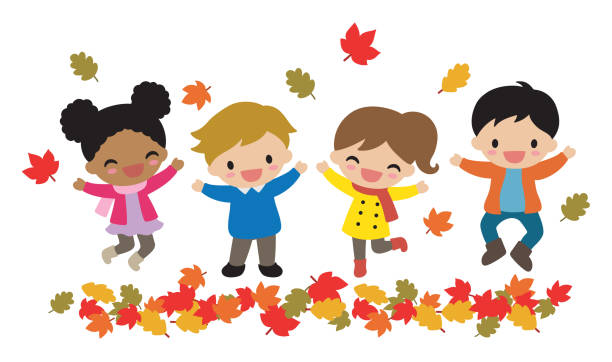 가을 벡터 일러스트레이션에서 떨어지는 나뭇잎을 가지고 노는 아이들 소년과 소녀. - fun child brown hair human age stock illustrations
