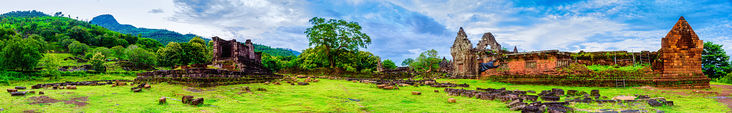 Panorama image Vat Phou or Wat Phu is the UNESCO world heritage site in Champasak Province, Southern Laos. Wat Phou Hindu temple located in Champasak Province, Southern Laos