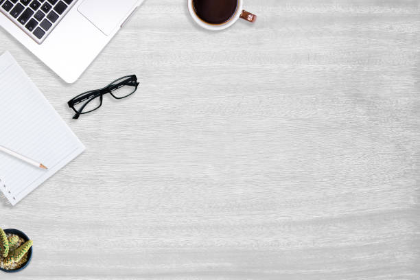 istock Modern white wood office desk table and equipment for working 1332053680