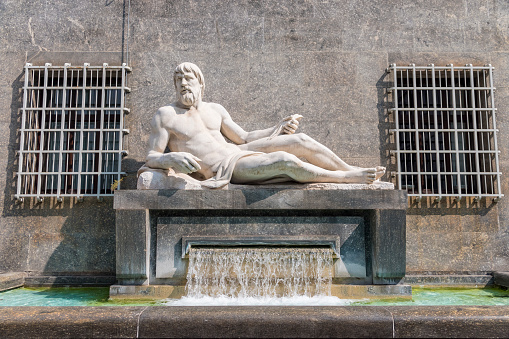 Dora River's statue in Piazza C.l.N., Turin, Piedmont, Italy