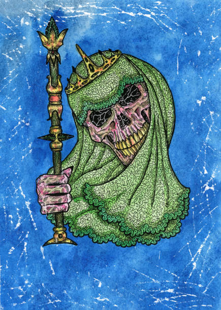 Grunge watercolor illustration of creepy skull as a queen with crown holding magic wand. Grunge watercolor illustration of creepy skull as a queen with crown holding magic wand. Mystic drawing for Halloween with esoteric, gothic, occult concept queen crown tattoo designs backgrounds stock illustrations