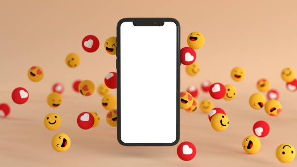 Social media like icons with smartphone Social media like icons with a modern smartphone with blank screen. 3D Render Illustration heart emoji phone stock pictures, royalty-free photos & images