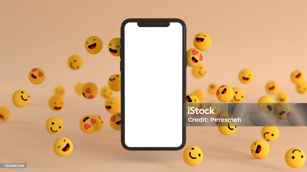 Social media like icons with smartphone Social media like icons with a modern smartphone with blank screen. 3D Render Illustration Emoticon Stock Photo