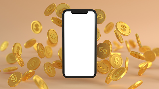 Coins with a modern smartphone with blank screen. 3D Render Illustration