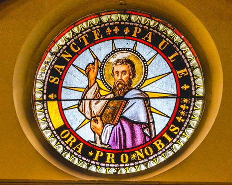 Saint Paul Stained Glass Sacred Heart Cathedral Punta Arenas Chile Church completed 1898.  Spanish in stained glass says Saint Paul and pray for us.