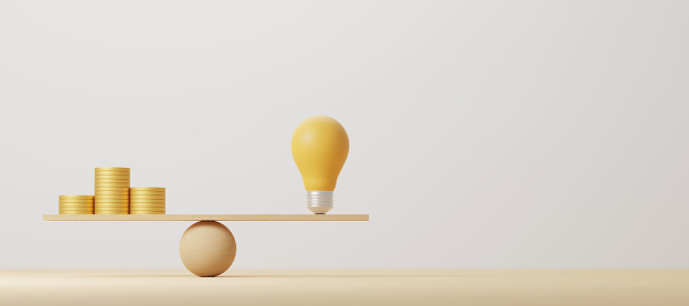 Coin stack compare light bulb idea on wood scale seesaw. Money gold coin compare balance with knowledge concept. 3d illustration