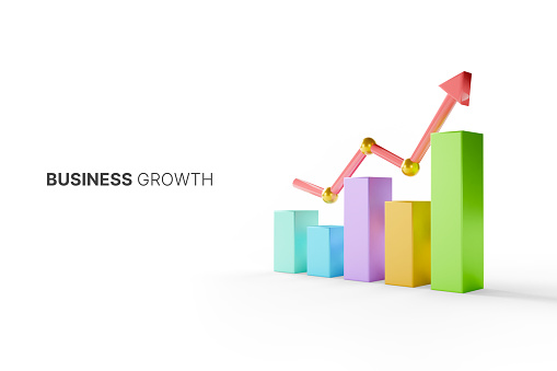 Growthing graph bar with rising arrow. Business development to success and growing growth concept. 3d illustration