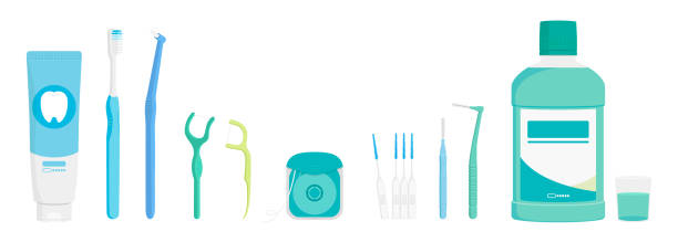 ilustrações, clipart, desenhos animados e ícones de produtos de higiene e cuidados bucais. ilustração vetorial. - dental floss brushing teeth dental hygiene dental equipment